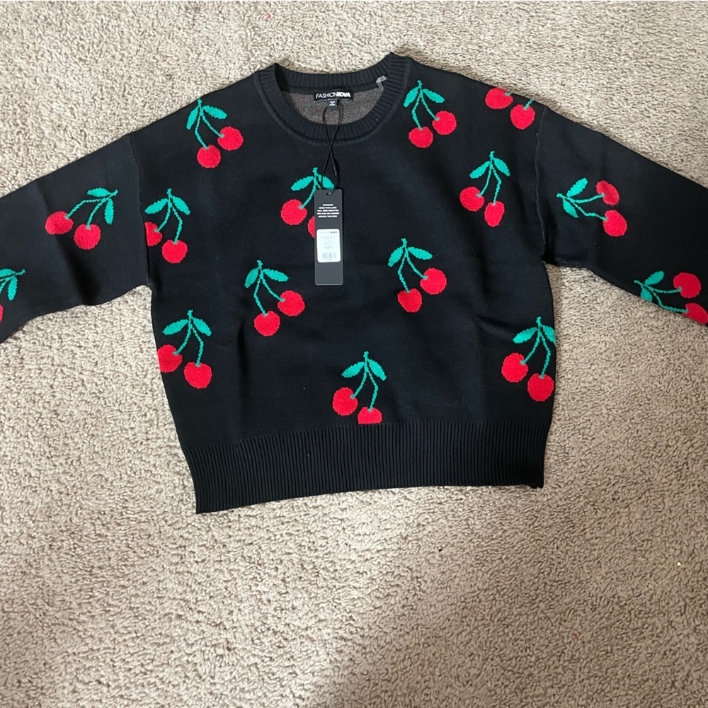 Black and Red Cherry Patterned Sweater by fashion nova Brand